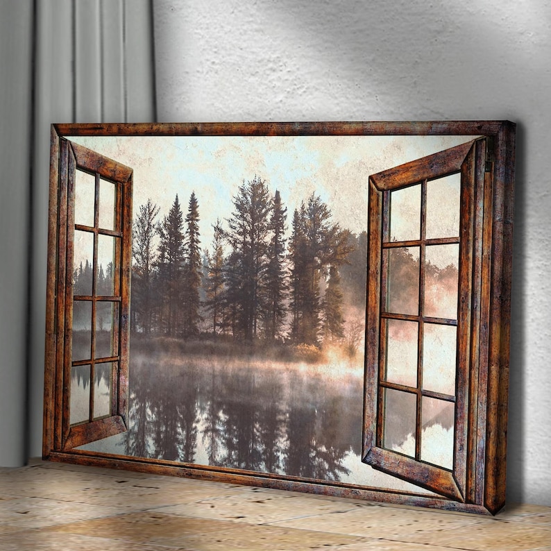 May include: A rustic wooden window frame with a view of a misty forest and lake. The window is open, revealing the serene landscape beyond.