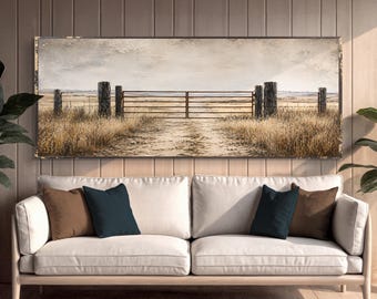 Puerta rústica de rancho / Lienzo con paisaje de rancho campestre / Decoración del hogar estilo western / Obra de arte para la sala de estar / Decoración rústica campestre / Arte de pared estilo granja