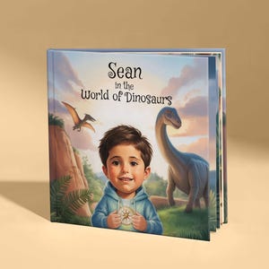 May include: A children's book titled "Sean in the World of Dinosaurs" features a smiling boy holding a compass. The cover art includes a Pterodactyl, a Brachiosaurus, and a scenic background with a blue sky and green landscape.