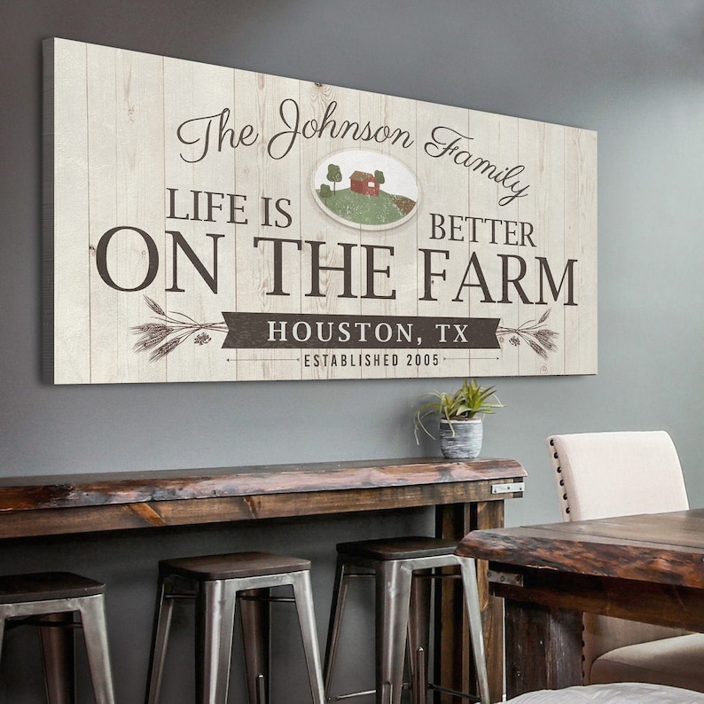 May include: A rustic wooden sign with the text "The Johnson Family Life is Better On The Farm Houston, TX Established 2005". The sign features a small illustration of a red farmhouse with a green roof and a white picket fence.