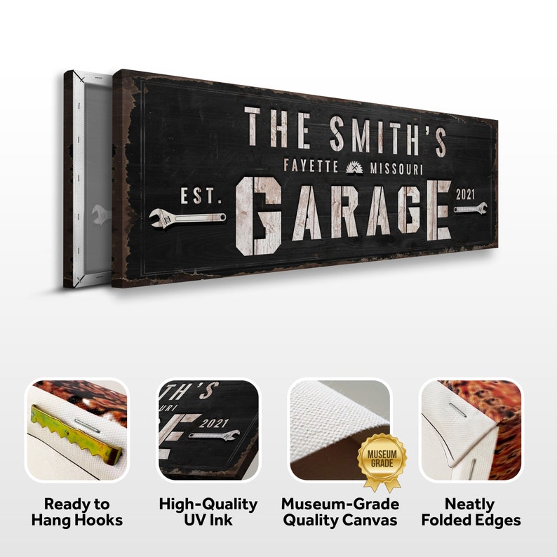 May include: Black and white sign with the text "The Smith's Garage" in white letters. The sign also includes the text "Fayette Missouri Est. 2021". The sign is distressed and has a rustic look.