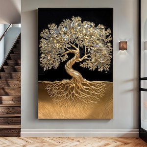 May include: A gold tree with a black background. The tree has a thick trunk and many branches with leaves made of gold and iridescent material. The roots of the tree are also made of gold and spread out across the bottom of the canvas.