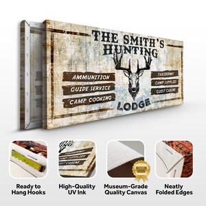 May include: A rustic wooden sign with the text "The Smith's Hunting Lodge" and a deer head illustration. The sign has a distressed look with brown and white paint. It also includes a list of services offered: Ammunition, Guide Service, Camp Cooking, Taxidermy, Camp Supplies, and Guest Cabins.