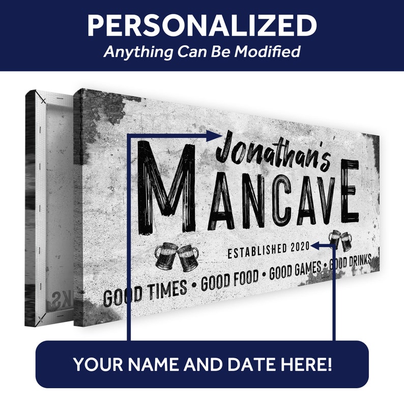 Man Cave Sign | Man Cave Decor Personalized Bar Wall Art | Custom Man Cave Sign Canvas Wall Decor | Established Man Cave Gift Sign image 3