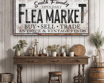 Personalized Flea Market Sign | Vintage Flea Market Sign Decor | Modern Farmhouse Decor | Antiques Sign Canvas | Buy Sell and Trade Sign