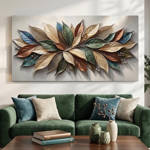 May include: A rectangular wall art piece featuring a dense arrangement of sculpted leaves in shades of blue, green, brown, and cream. The leaves are layered horizontally with small metallic berry accents, creating a textured, three-dimensional effect.