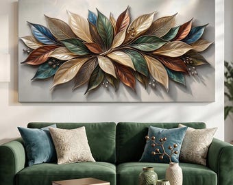 Earthtone Petals - Luxurious Gilded Bloom | Earth Tone Leaf Art Canvas | Botanical Wall Decor | Large Living Room Decor | Modern Boho Art