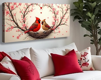 Cardinal Wall Art | Bird Canvas | Love Birds Wall Decor | Farmhouse Bedroom Art | Anniversary Gift Canvas for Couples | Romantic Wall Art