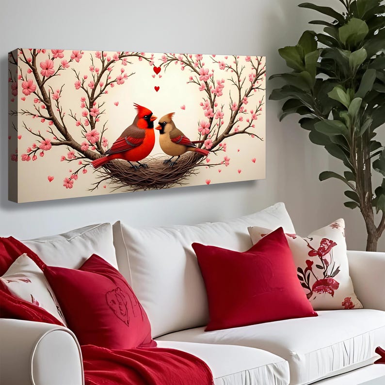 May include: A canvas print featuring a pair of red cardinals perched in a nest surrounded by pink cherry blossoms. The birds are facing each other, with hearts floating above them. The background is a light beige.