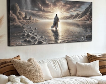 May include: A painting of a man walking on water towards a bright light in the distance. The water is calm and the sky is cloudy. The man is wearing a white robe and has his back to the viewer.