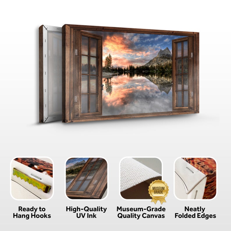 May include: Canvas print of a mountain lake scene with a sunset sky, framed in a wooden window. The print has a museum-grade finish and is ready to hang with hooks.