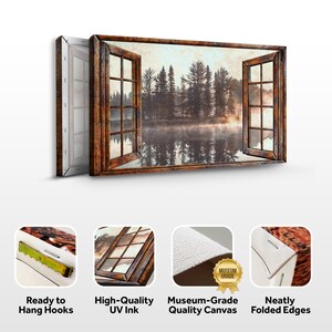 May include: A canvas print depicting a misty lake scene viewed through a rustic wooden window. The print has a distressed, vintage look and comes with hanging hooks on the back.