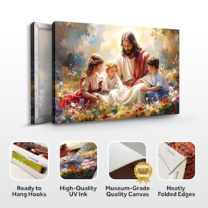 May include: A canvas print depicting a religious scene with a central figure in white and red robes surrounded by children in a field of flowers. The print is labeled "High-Quality UV Ink" and "Museum-Grade Quality Canvas."