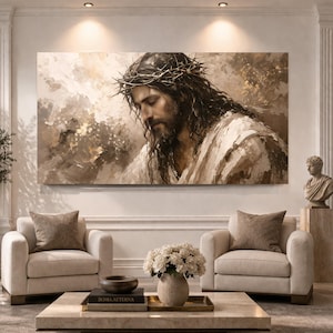 May include: A large rectangular wall art print featuring a side profile of a man with long dark hair and a beard, wearing a crown of thorns. The artwork uses a sepia-toned color palette with textured brushstrokes, depicting a somber expression.
