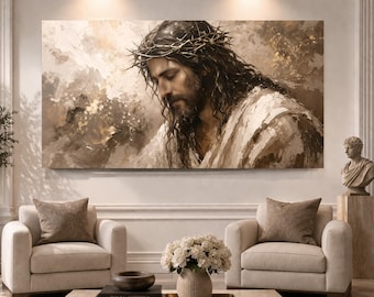 Retrato de la Serenidad Coronada / Cuadro de Jesús Orando / Decoración Cristiana para Pared / Obra de Arte Religiosa / Retrato de Jesús / Decoración para el Hogar con Fe