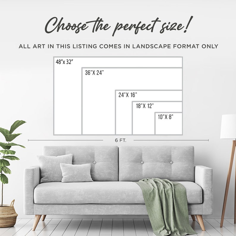 May include: A diagram showing different sizes of art prints, with measurements in inches. The largest print is 48 inches by 32 inches, and the smallest is 10 inches by 8 inches. The prints are shown hanging on a white wall above a gray couch.