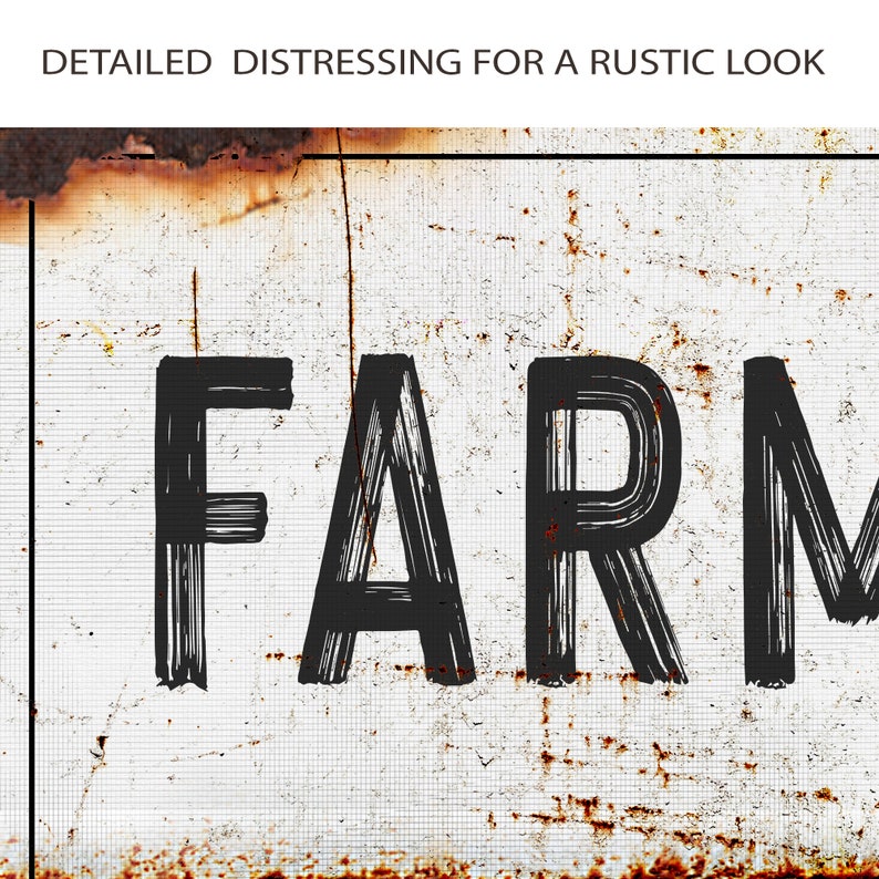 Puede incluir: Un letrero de metal blanco con la palabra "FARM" escrita en letras negras y desgastadas. El letrero tiene un aspecto r&uacute;stico y desgastado con manchas de &oacute;xido marrones.