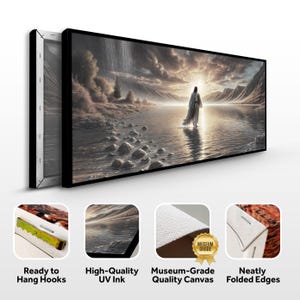May include: Canvas print of a painting depicting a person walking on water towards a sunset. The person is wearing a white robe and has their back to the viewer. The water is calm and reflective, and the sky is a mix of orange, pink, and purple. The print is framed in a black frame and has a museum-grade canvas texture.