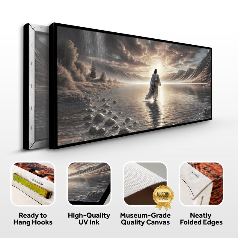 May include: Canvas print of a painting depicting a person walking on water towards a sunset. The person is wearing a white robe and has their back to the viewer. The water is calm and reflective, and the sky is a mix of orange, pink, and purple. The print is framed in a black frame and has a museum-grade canvas texture.
