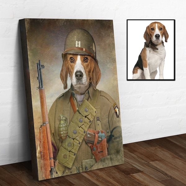 Pet Portrait Painting | Pet Military Portrait Wall Art |  Dog Portrait Wall Decor | Custom Animal Military Portrait Canvas | Dog Lover Gift