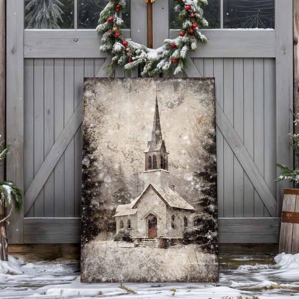 Vintage Church Christmas Wall Art | Rustic Winter Church Canvas Wall Art | Snowy Chapel Print | Christmas Farmhouse Decor | Christmas Gift
