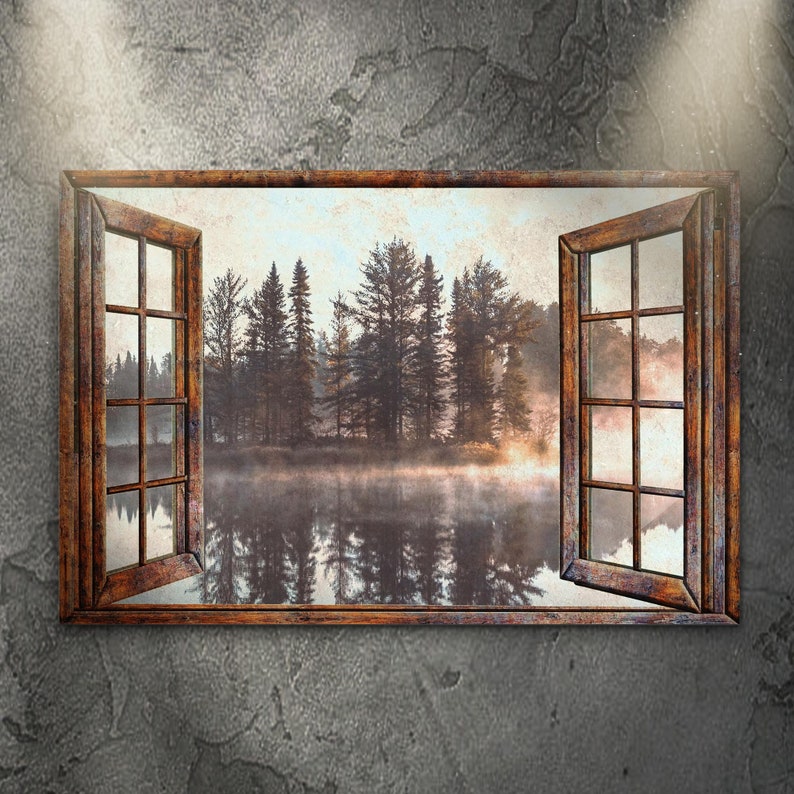 May include: A rustic wooden window frame with a view of a misty lake and trees in the background. The window is open, revealing the scene outside.