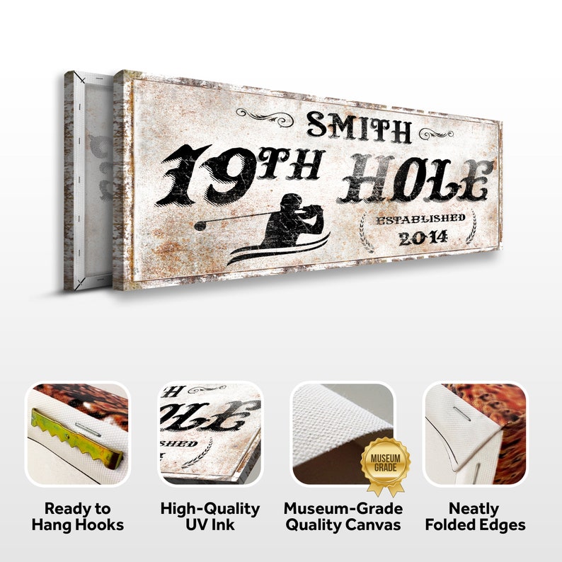 Puede incluir: Una impresi&oacute;n en lienzo blanco con un aspecto r&uacute;stico y desgastado. La impresi&oacute;n presenta el texto "SMITH 19TH HOLE ESTABLISHED 2014" con una silueta de un golfista balanceando un palo. La impresi&oacute;n tiene un aspecto desgastado y vintage y est&aacute; lista para colgar con ganchos adjuntos.