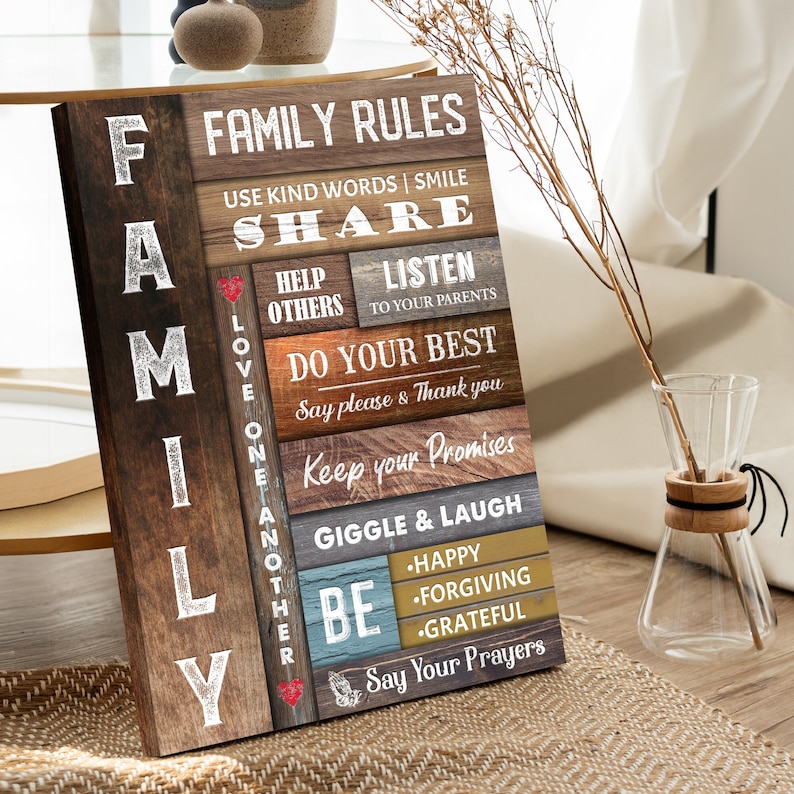 A farmhouse canvas sign with set of family rules on a wooden-inspired background.