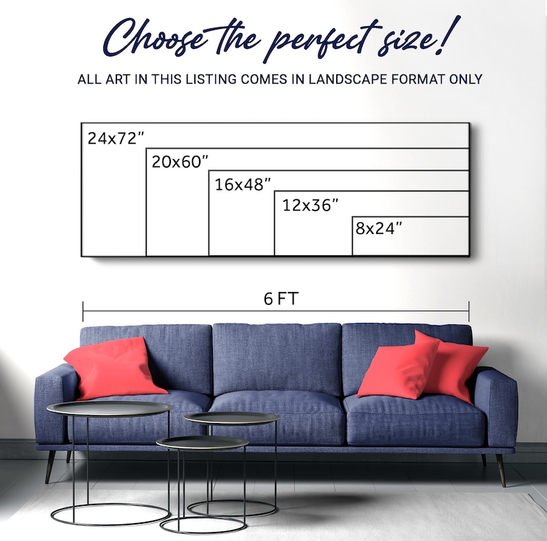 K&ouml;nnte beinhalten: Ein blaues Sofa mit roten Kissen und schwarzen Beistelltischen. &Uuml;ber dem Sofa zeigt eine wei&szlig;e Leinwand Gr&ouml;&szlig;enoptionen an: 61x183cm, 51x152cm, 41x122cm, 30x91cm und 20x61cm. Der Text lautet "W&auml;hlen Sie die perfekte Gr&ouml;&szlig;e!" und "ALLE KUNST IN DIESEM ANGEBOT IST NUR IM LANDSCHAFTSFORMAT".