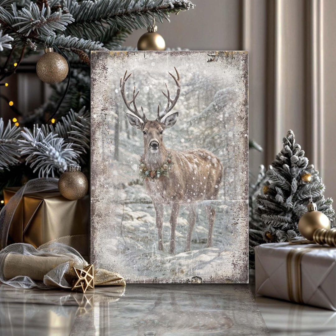 Vintage Winter Deer Christmas Wall Art | Rustic Woodland Holiday Decor ...