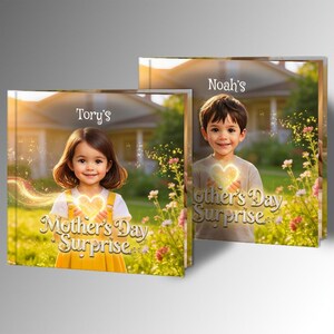 Peut inclure: Deux livres pour enfants personnalis&eacute;s, intitul&eacute;s "Mother's Day Surprise de Tory" et "Mother's Day Surprise de Noah". Chaque livre pr&eacute;sente un enfant tenant un c&oelig;ur lumineux. L'arri&egrave;re-plan montre une maison et des fleurs.