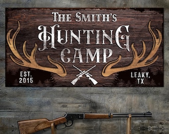 Hunting Camp Sign Decor | Personalized Gift For Hunter | Hunting Sign Wall Art | Hunting Deer Art | Custom Hunting Sign | Deer Antler Canvas