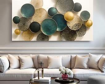 Lotus Leaf Abstract Wall Art | Modern Luxury Decor | Living Room Decor | Office Canvas Artwork | Teal Gold Geometric Artwork | Bedroom Decor