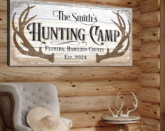 Hunting Camp Sign Decor | Hunting Sign Wall Art | Custom Hunting Sign | Personalized Gift For Hunter | Deer Antler Canvas | Hunting Deer Art
