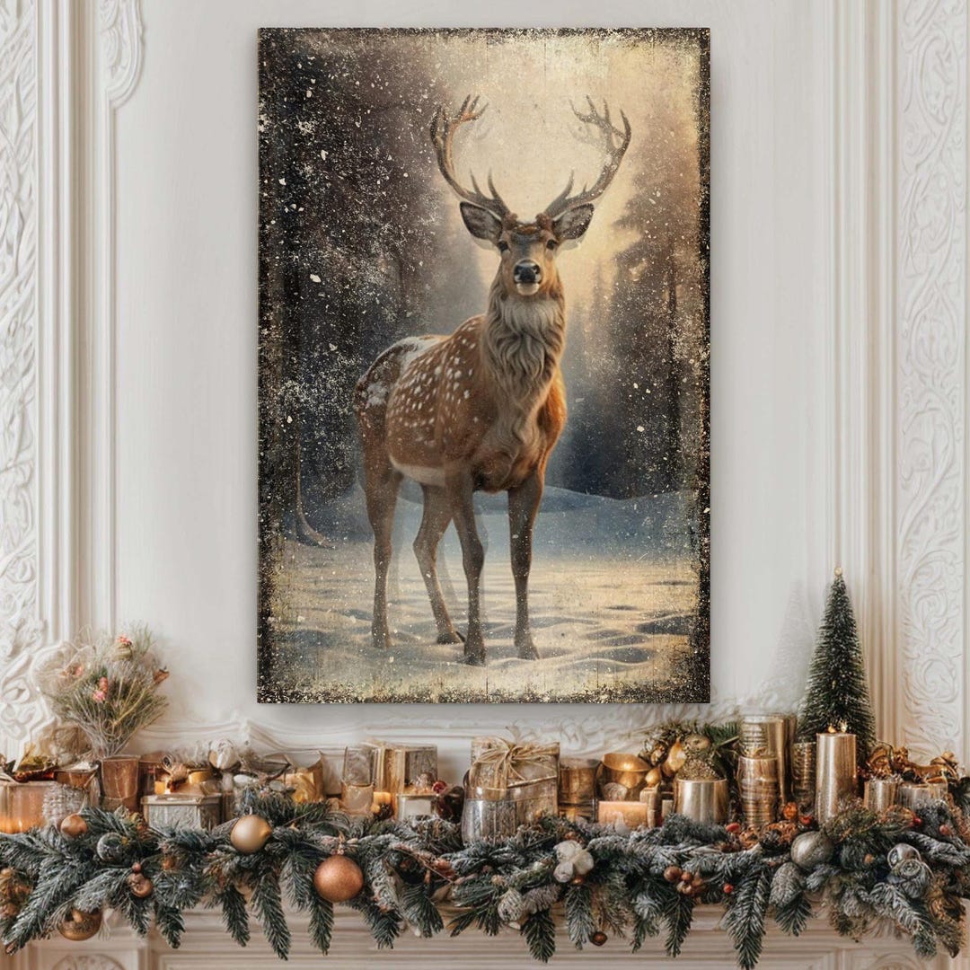 Vintage Winter Deer Christmas Wall Art | Rustic Woodland Holiday Decor ...