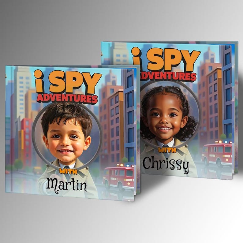May include: Two children's books titled "i SPY Adventures" with illustrations of children in front of a city backdrop. The book covers feature the text "i SPY Adventures" in orange and the names "Martin" and "Chrissy". A red fire truck is also visible.