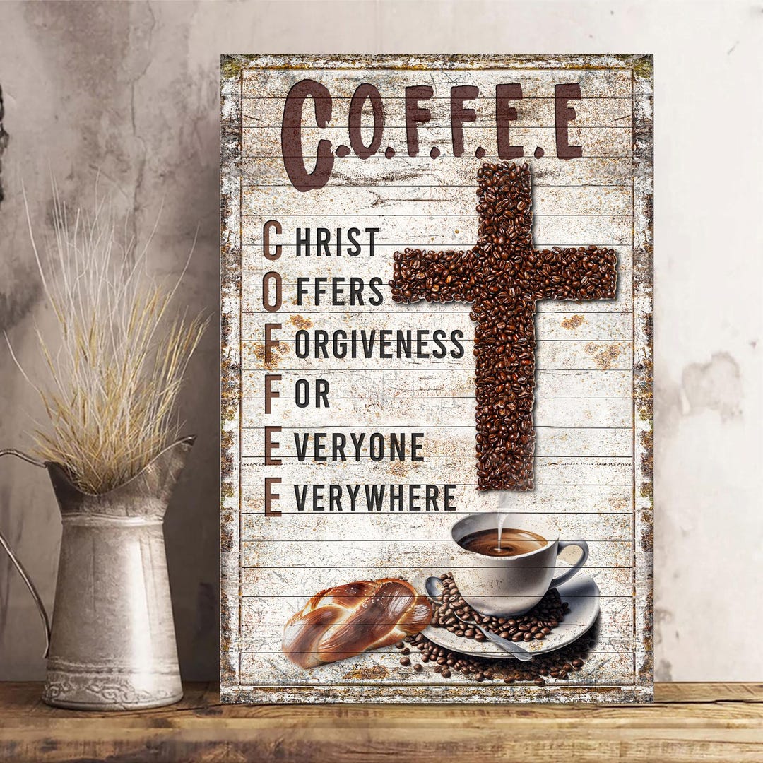 Coffee, Christ offers forgiveness for Everyone Everywhere - Targa in legno incorniciata, decorazione per la casa, da appendere, per ristoranti e amanti del caffè, cartello verticale in legno per