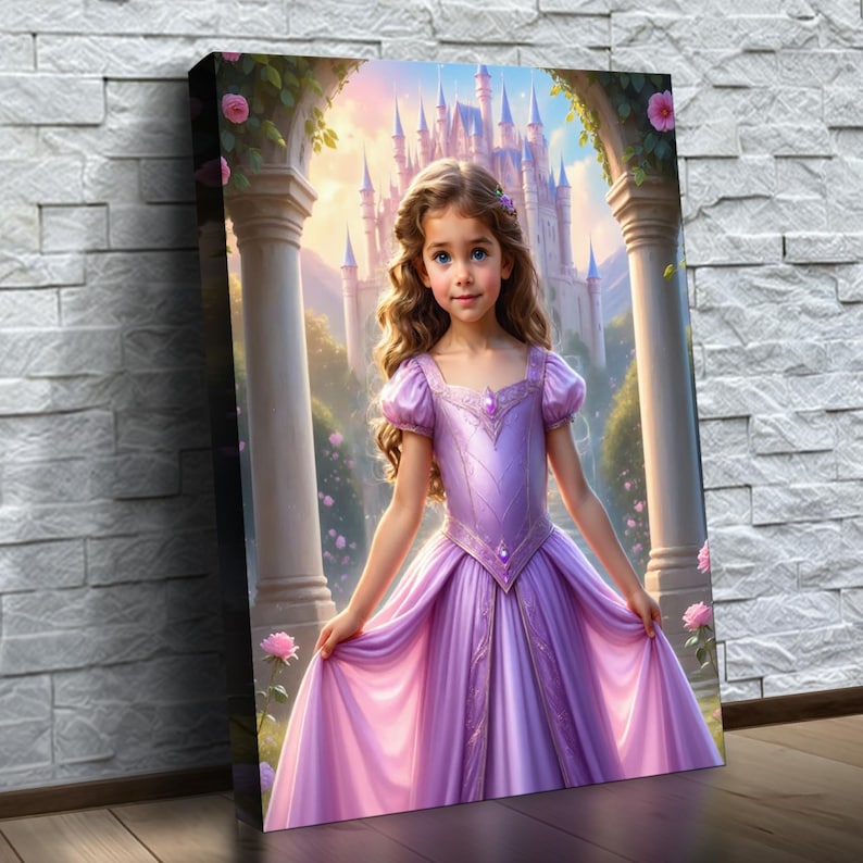 May include: A young girl in a lavender princess dress stands in front of a fairytale castle. She has long, flowing brown hair and is smiling. The castle is in the background and has a pink and white color scheme.