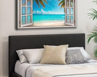 Arte de pared con paisaje de playa con palmeras de coco, arte de ventana de playa tropical, impresión en lienzo con vista al mar, decoración costera con palmeras, arte costero