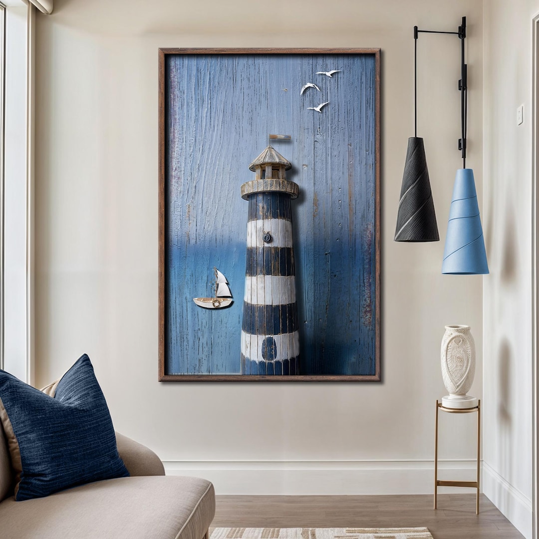 Lighthouse Coastal Wall Art | Nautical Blue and White Canvas | Beach ...