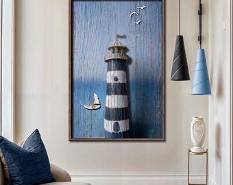 Lighthouse Coastal Wall Art | Nautical Blue and White Canvas | Beach House Decor |  Ocean Themed Decor for Living Room | Bedroom Canvas Art