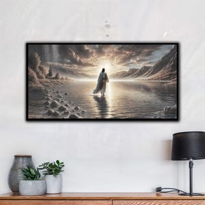 May include: A painting of a man walking on water towards a bright light in the distance. The water is calm and the sky is cloudy. The man is wearing a white robe and has his back to the viewer.