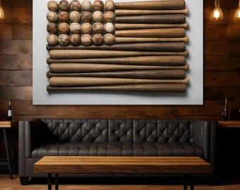 Béisbol con estrellas y rayas inspirado en madera / Lienzo decorativo con bandera de béisbol / Decoración vintage con bate de béisbol y bandera estadounidense / Decoración para la cueva del hombre