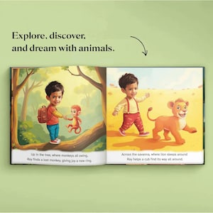 Pu&ograve; includere: Illustrazione di un libro per bambini con il testo "Esplora, scopri e sogna con gli animali". Raffigura un bambino con una scimmia e un bambino con un cucciolo di leone. Il testo sottostante recita: "Sull'albero, dove tutte le scimmie si dondolano. Ray trova una scimmia perduta, dando gioia a un nuovo anello."