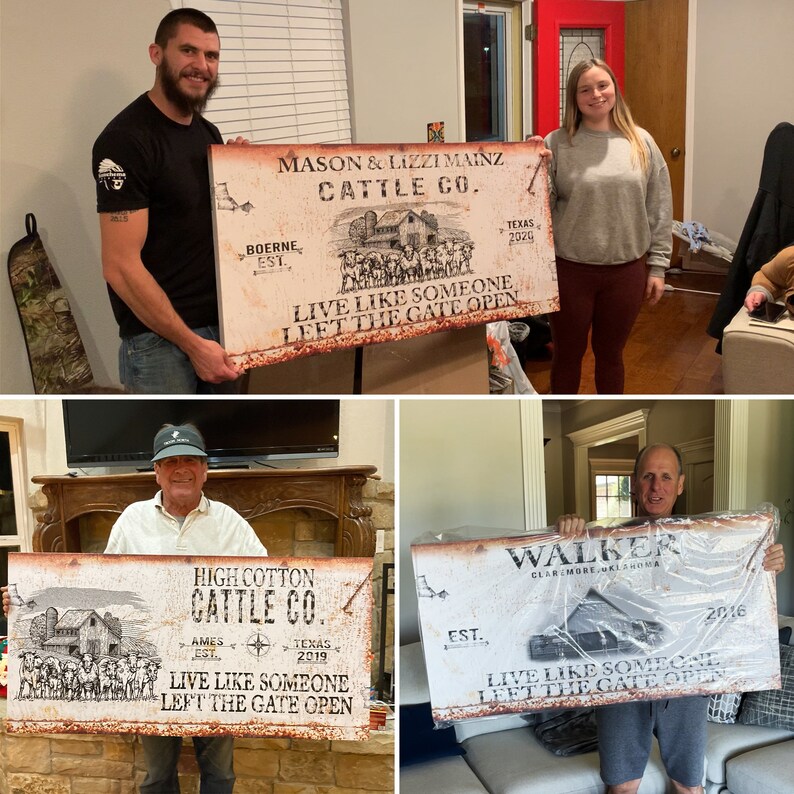 May include: Four rustic metal signs with a white background and black text. Each sign features a farmhouse illustration and the text "Live like someone left the gate open". The signs are held by different people in front of a variety of backgrounds.