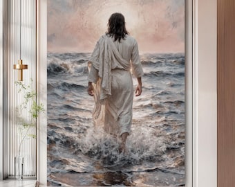May include: A large canvas print depicts a figure in a white robe walking on water, with the sun setting in the background. The artwork features a serene, yet powerful, depiction of a religious scene, with detailed water and sky textures.