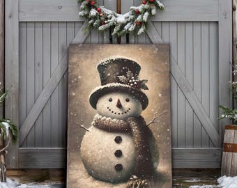 Vintage Snowman Christmas Wall Art | Winter Holiday Decor | Snowman Christmas Canvas Print | Christmas Gift | Rustic Christmas Home Decor