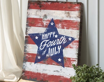 Happy 4th Of July Sign | Patriotic Decor Living Room Wall Art | Fourth Of July Canvas | Independence Day Gift | Red White Blue Wall Decor