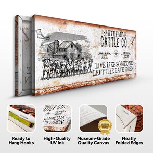 May include: A white canvas print with a rustic, distressed look. It features a black and white illustration of a farmhouse with cows and the text "Smith Farms Cattle Co. Dallas Est. Texas 2020 Live Like Someone Left The Gate Open".