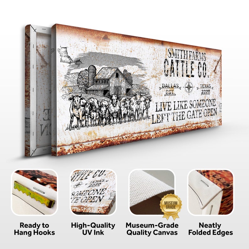 May include: A white canvas print with a rustic, distressed look. It features a black and white illustration of a farmhouse with cows and the text "Smith Farms Cattle Co. Dallas Est. Texas 2020 Live Like Someone Left The Gate Open".